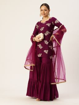Ethnovog - Purple Chinon Embroidered Kurta With Sharara And Dupatta (Set of 3)