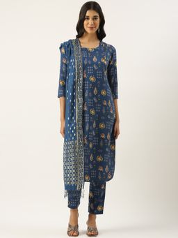 Ethnovog - Blue Art Silk Cotton Printed Kurta With Pant And Dupatta (Set of 3)