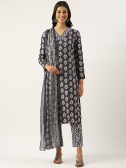 Ethnovog - Black Semi Cotton Printed Kurta With Pant And Dupatta (Set of 3)