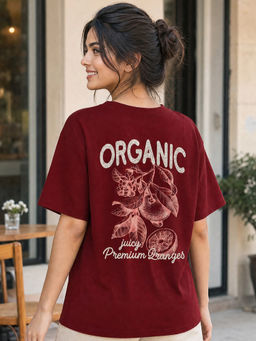 Nobero - Women Maroon Oversized Graphic Printed T-shirt