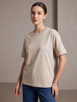 Nobero - Women Beige Solid Half Sleeves T-shirt