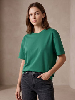 Nobero - Women Green Solid Half Sleeves T-shirt