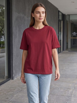 Nobero - Women Maroon Solid Half Sleeves T-shirt