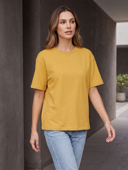 Nobero - Women Yellow Solid Half Sleeves T-shirt
