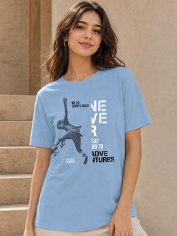 Nobero - Women Blue Pure Cotton Graphic Printed Regular Fit T-shirt