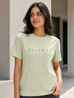 Nobero - Women Sage Green Pure Cotton Text Printed Regular Fit T-shirt