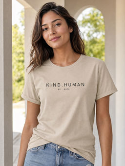 Nobero - Women Beige Pure Cotton Text Printed Regular Fit T-shirt
