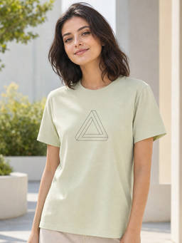Nobero - Women Sage Green Pure Cotton Geometric Printed Regular Fit T-shirt