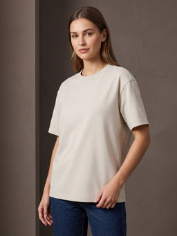 Nobero - Women Light Beige Solid Half Sleeves T-shirt