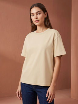 Nobero - Women Beige Solid Half Sleeves T-shirt
