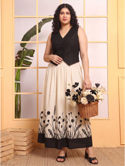 Deebaco - Women Plus Size Black-Beige Floral Printed Waistcoat with Skirt