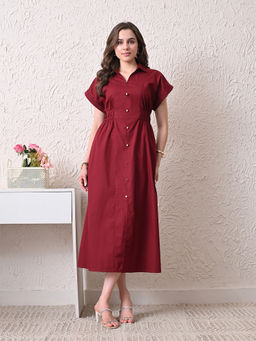 Ikonic Klaer - Women Maroon Solid Shirt Collar Dress