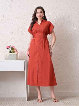 Ikonic Klaer - Women Rust Solid Shirt Collar Dress