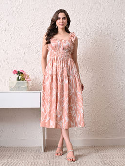 Ikonic Klaer - Women Peach Abstract Printed Smocked Midi Dress
