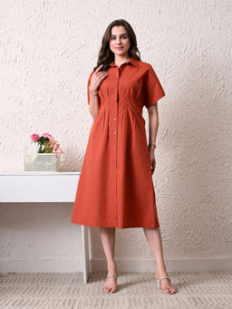 Ikonic Klaer - Women Rust Solid Midi Dress