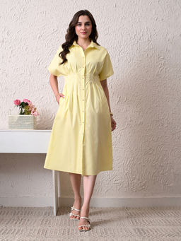 Ikonic Klaer - Women Solid Yellow Shirt Collar Dress
