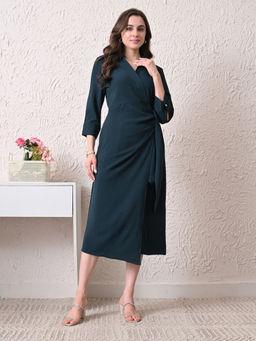 Ikonic Klaer - Women Teal Solid Wrap Midi Dress