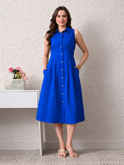 Ikonic Klaer - Women Blue Solid Shirt Style Midi Dress