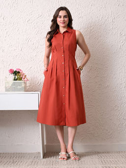 Ikonic Klaer - Women Rust Solid Shirt Style Midi Dress
