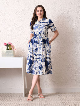 Ikonic Klaer - Women Navy Blue and Off-White Floral Printed Shirt Collar Dress