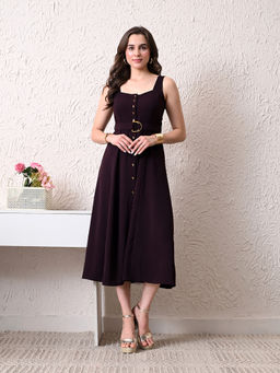 Ikonic Klaer - Women Dark Purple Solid Sleeveless Midi Dress with Belt