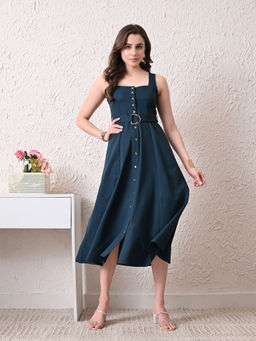Ikonic Klaer - Women Teal Solid Sleeveless Midi Dress with Belt