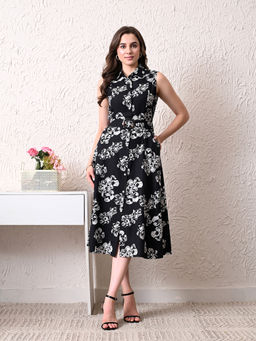 Ikonic Klaer - Women Black Floral Printed Dress with Belt