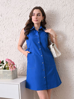 Ikonic Klaer - Women Blue Solid Sleeveless Shirt Collar Dress