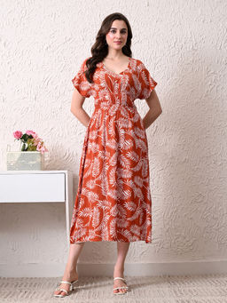 Ikonic Klaer - Women Rust Tropical Leaf Printed Midi Dress