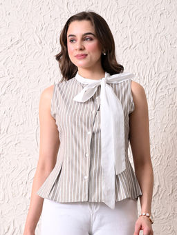 Ikonic Klaer - Women Beige and White Striped Tie-Neck Peplum Top