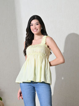Ikonic Klaer - Women Yellow A-Line Solid Cotton Tops
