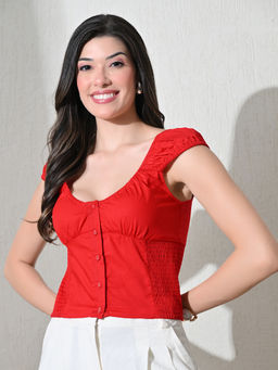 Ikonic Klaer - Women Red Solid Cotton Scoop Neck Top