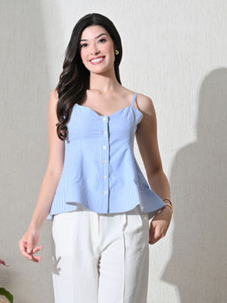 Ikonic Klaer - Women Light Blue Stripes Printed Cotton Top