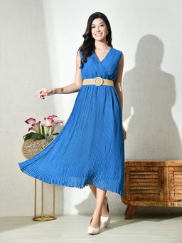 Ikonic Klaer - Women Blue Pleated V-Neck Sleeveless Wrap Dress with Belt