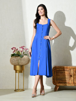 Ikonic Klaer - Women Blue Solid Square Neck Flare Dress