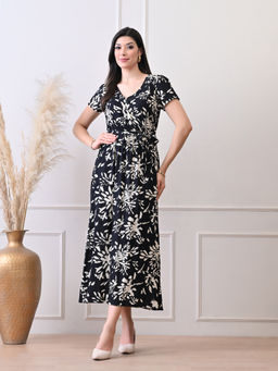Ikonic Klaer - Women Black Floral Printed Viscose Rayon Dress with Belt