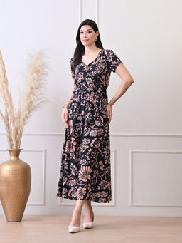 Ikonic Klaer - Women Black V-Neck Floral Printed Wrap Dress with Belt