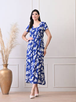 Ikonic Klaer - Women Blue V-Neck Floral Printed Viscose Rayon Wrap Dress with Belt