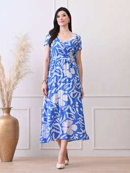Ikonic Klaer - Women Blue Floral Printed Viscose Rayon Dress with Belt