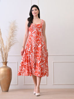 Ikonic Klaer - Women Orange V-Neck Floral Printed Viscose Rayon Dress