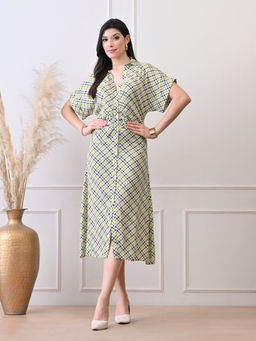 Ikonic Klaer - Women Green V-Neck Checks Printed Viscose Rayon Dress