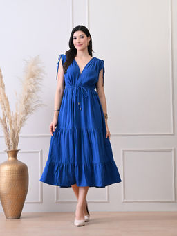 Ikonic Klaer - Women Blue V-Neck Solid Cotton Dress