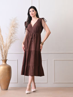 Ikonic Klaer - Women Brown V-Neck Cotton Dress