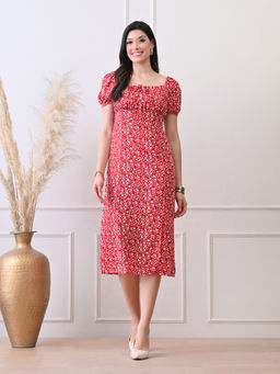 Ikonic Klaer - Women Red Floral Printed Polyester Dress