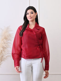 Ikonic Klaer - Women Red Solid Organza Wrap Top with Camisole