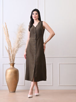 Ikonic Klaer - Women Brown V-Neck Blended Casual Dress