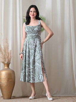 Ikonic Klaer - Women Sage Green Floral Printed A-Line Midi Dress