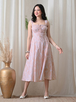 Ikonic Klaer - Women Peach Leaf Printed A-Line Midi Dress