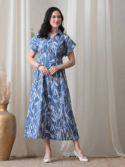 Ikonic Klaer - Women Blue Leaf Printed Button-Down Midi Dress