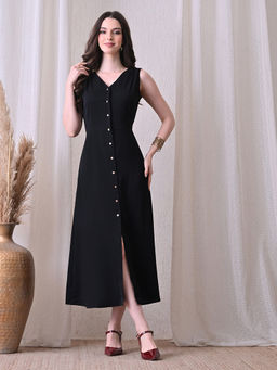 Ikonic Klaer - Women Black Solid Sleeveless Button-Down Midi Dress